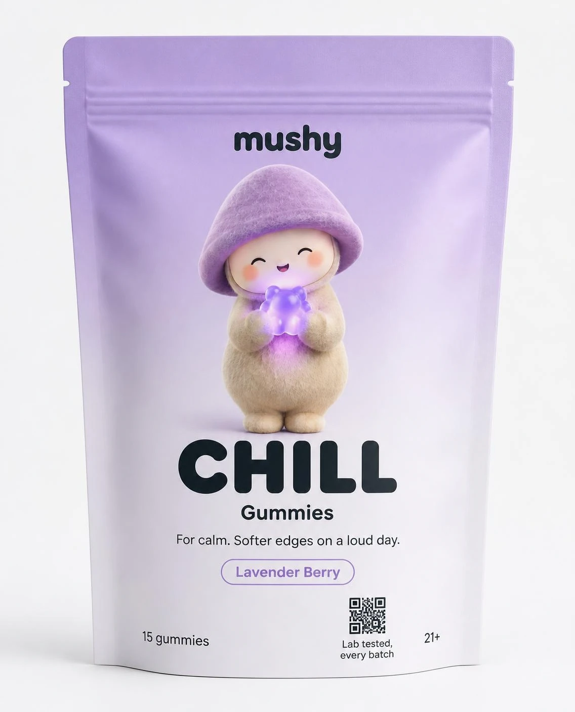 Mushy Chill gummies pouch, lavender berry, 15 count